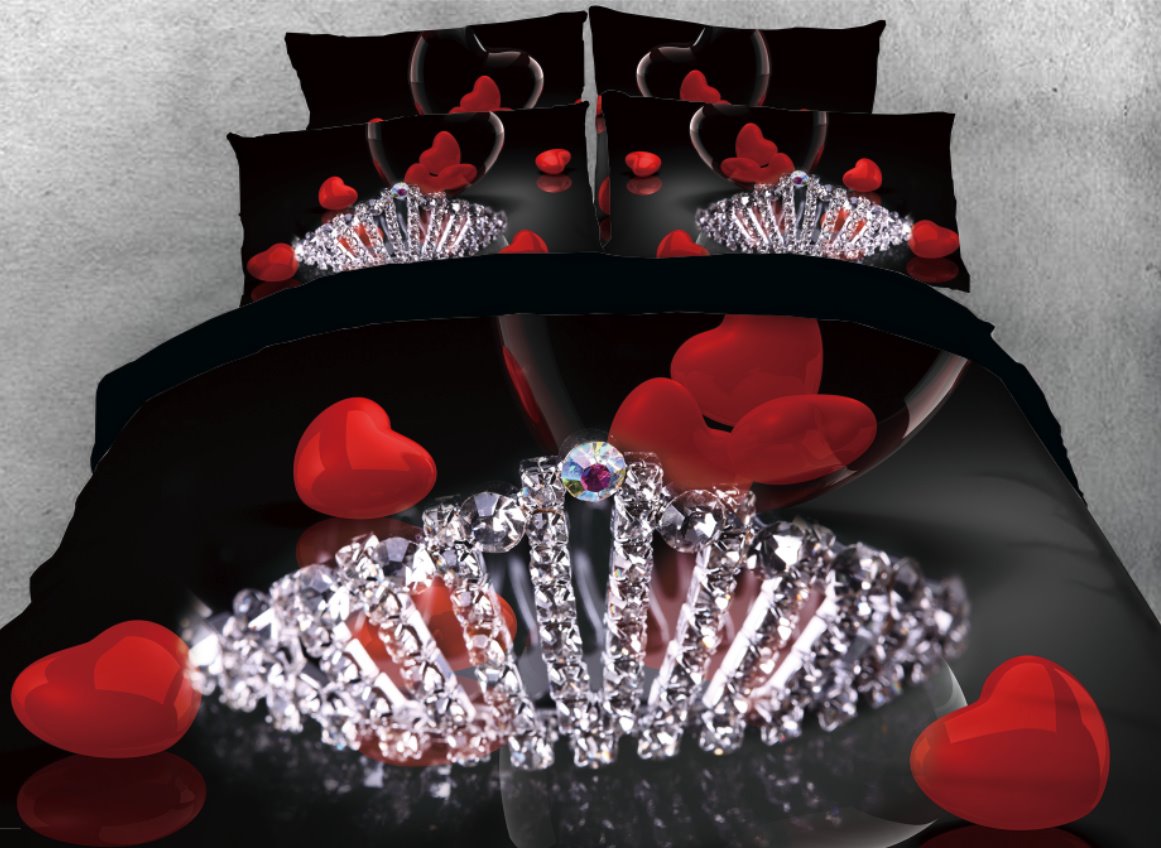3D-Diamantenkrone und rotes Herz bedrucktes 4-teiliges Bettwäscheset/Bettbezugset Schwarz 